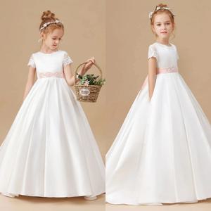 사용자 정의 우아한 화이트 새틴 첫 성찬식 가운 웨딩 a 라인 꽃의 소녀 드레스 핑크 보우 벨트 공주님 아이 생일 가운