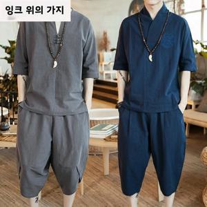 루즈핏 남성 반팔 티셔츠 세트 봄 여름 빈티지 레트로 당나라 의상 한푸 투피스 세트 피트니스 캐주얼웨어 면 소재