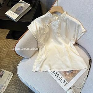 새로운 중국 스타일 여성 짧은 소매 인쇄 스탠드 칼라 셔츠 기질 우아한 여성 셔츠 레트로 여름 빛 소프트 탑