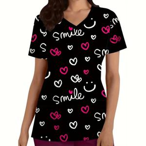 패션 하트 인쇄 외과 유니폼 여성 v 넥 건강 관리 임상 유니폼 여름 짧은 소매 주머니 스크럽 여성