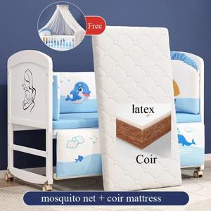 화이트 원목 아기 침대 풀세트: 모기장, 침구, 천연 라텍스/코이어 매트리스(흔들림 기능 포함) 포함