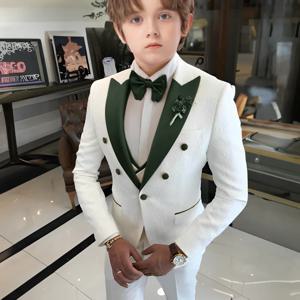 소년을위한 흰색 꽃 웨딩 턱시도 3 조각 자카드 정장 더블 브레스트 키즈 턱시도 2025 패션 디자인 자켓 바지 조끼