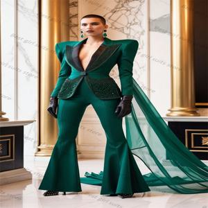 녹색 크리스탈 여성 정장 세트 2 조각 페르시 블레이저 바지 바지 긴 기차 공식 사무실 레이디 자켓 맞춤형 웨딩 턱시도