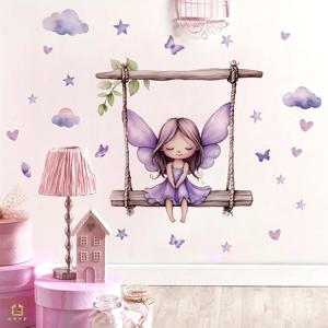 보라색 별 요정 나비 스윙 벽 데칼 - 어린이를위한 기발한 이동식 비닐 스티커 침실 보육 및 판타지 룸 장식