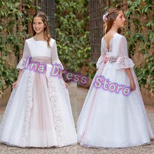 우아한 세례 첫 성찬식 가운 흰 꽃 소녀 드레스와 활 작은 공주님 아이 생일 파티 이브닝 드레스