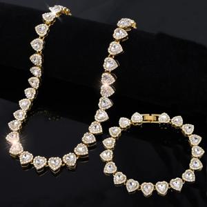 유프스크 45CM/20CM 반짝이는 하트 모양 라인스톤 힙합 록 테니스 체인 팔찌 목걸이 여성 남성용 트렌디 주얼리 세트 선물