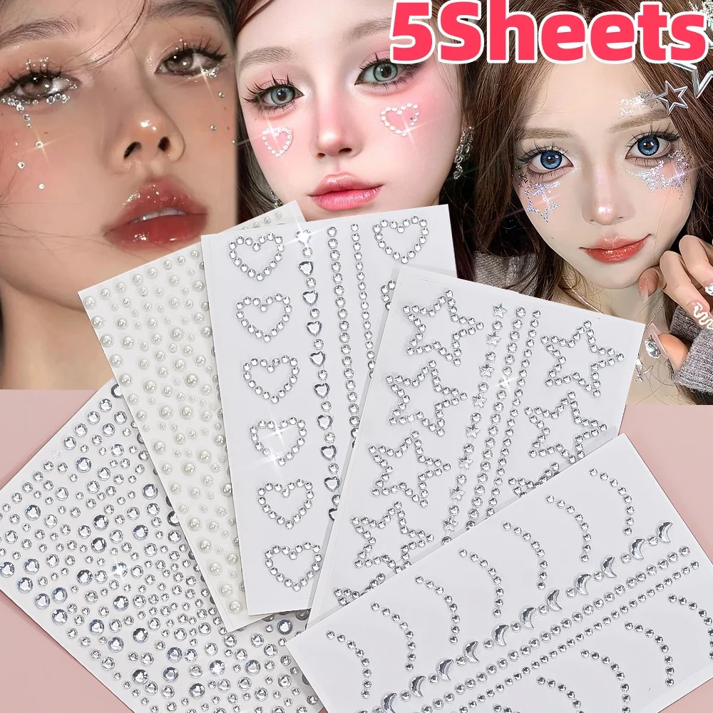 5Pcs 3D 클리어 페이스 장식 라인 석 스티커 스파클링 스타/사랑 보석 접착 문신 스티커 DIY 시뮬레이션 진주 장식