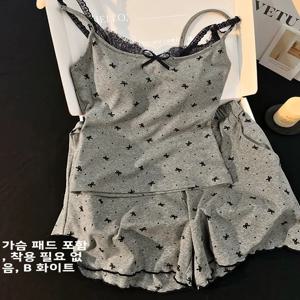 섹시 모달 코튼 스트랩 슬립웨어 여성용 세트 (가슴 패드 포함) 투피스 홈웨어 반팔 라운드넥 여름 나이트가운