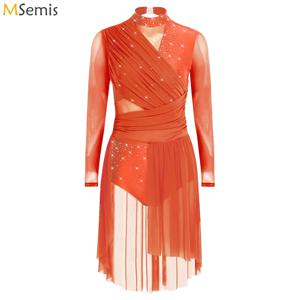 여자 체조 서정적 발레 댄스 반짝 이는 라인 석 드레스 셔링 백 레스 레오타드 드레스 현대 무용 의상