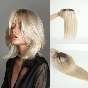 브라운 블론드 옴브레 14인치 실크 베이스 인모 헤어피스 레미 헤어 클립인 탑피스 (여성용, 앞머리 포함, 숱이 적은 부분용)