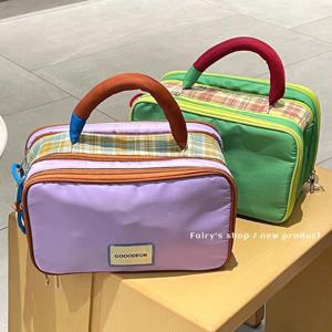 여성용 마카롱 캐주얼 메이크업 백, 대용량 수납 핸드백, 귀여운 체크무늬 다층 세면도구 및 여행용 가방