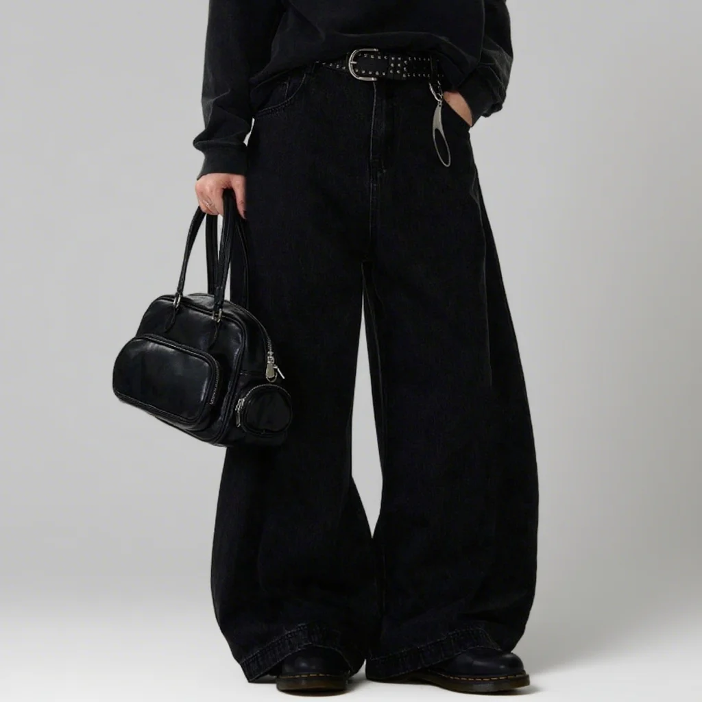 하이 스트리트 봄 여름 남성용 청바지 아메리칸 배기 와이드 레그 커브드 나이프 데님 팬츠 루즈 솔리드 컬러 남성 트렌디 트라우저