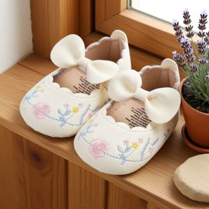 아기 여자 메리 제인 플랫 슈즈, 리본, 미끄럼 방지, 부드러운 밑창, PU 가죽, 신생아, 유아, 첫 걸음마, 아기 신발