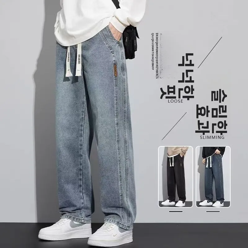 새로운 와이드 레그 남성 청바지 루즈핏 작업복 바지 여름 스트레이트 레그 탄성 아메리칸 스타일 내구성 있는 코튼 데님 청소년 패션