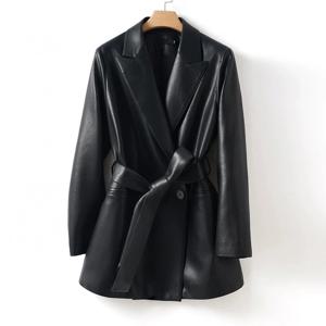 2025 신상 여성용 스플릿 양가죽 블레이저 재킷 패션 오피스룩 시크 싱글 버튼 레이스업 벨트 캐주얼 슬림 가죽 코트