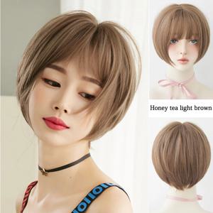 클리어런스 세일: 앞머리가 있는 12인치 짧은 밥, 허니 티, 린넨 컬러의 합성 머리, 여성용 데일리 파티 가발에 적합