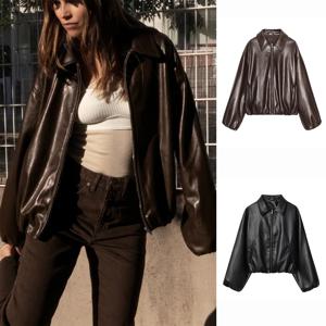 루즈핏 롱 슬리브 PU 가죽 파일럿 재킷 여성 가을 신상 스타일 스탠드 칼라 지퍼 여밈 출퇴근 스타일 패션 아우터