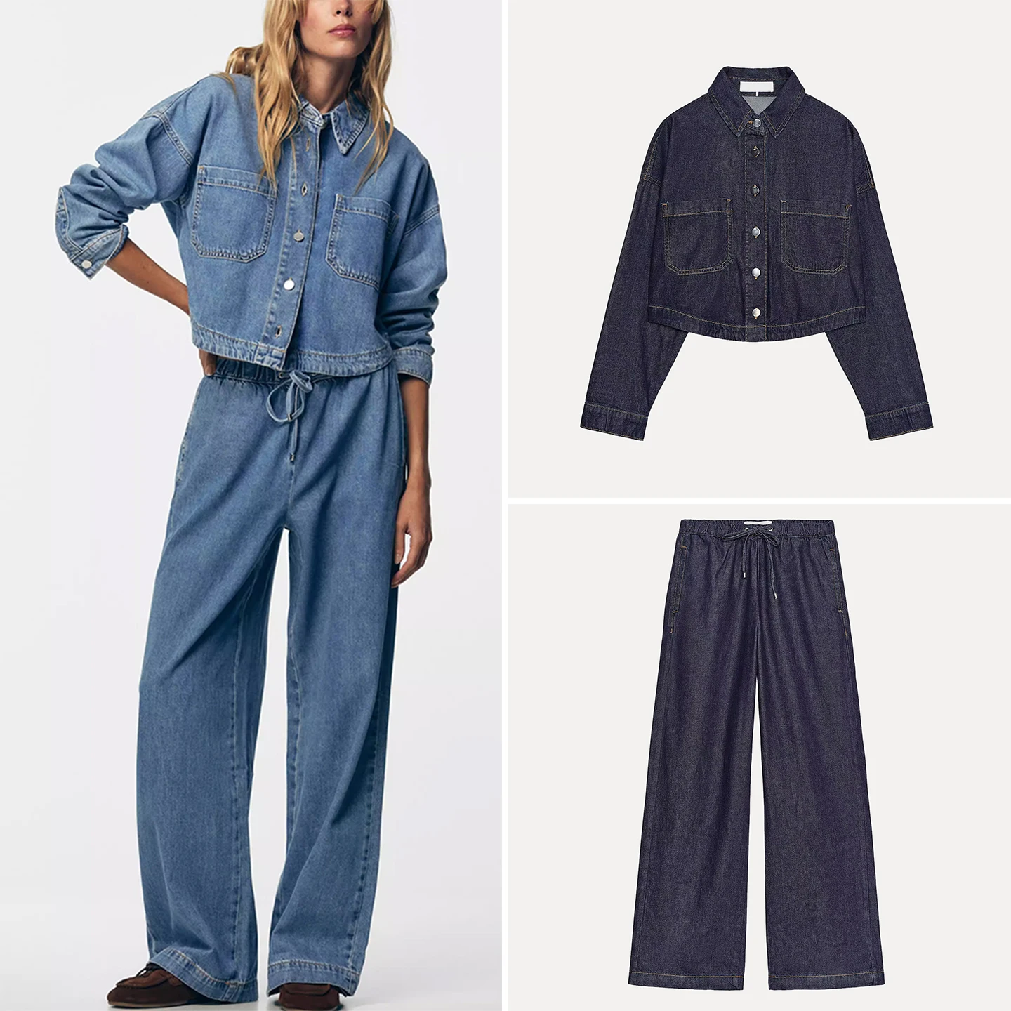 2025년 가을 여성 데님 셔츠 와이드 레그 러닝 팬츠 패션 세트 ZADATA 브랜드 캐주얼 편안한 투피스 수트 (성인용)