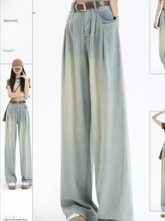 라이트 워싱 플리츠 와이드 레그 데님 진 여성용 하이웨이스트 빈티지 루즈 스트레이트 롱 팬츠 2026년 봄 신상품