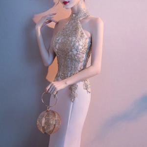 2025 신상 여성용 이브닝 드레스 넥 홀터 롱테일 슬리밍 피쉬테일 볼 드레스 연말 파티 및 연회용