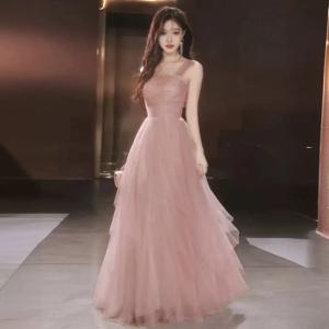 우아한 핑크 포레스트 시스템 스트랩 웨딩드레스 고급 공연 사회자 생일 공주 스커트 롱 슬리브 하이웨이스트 가운