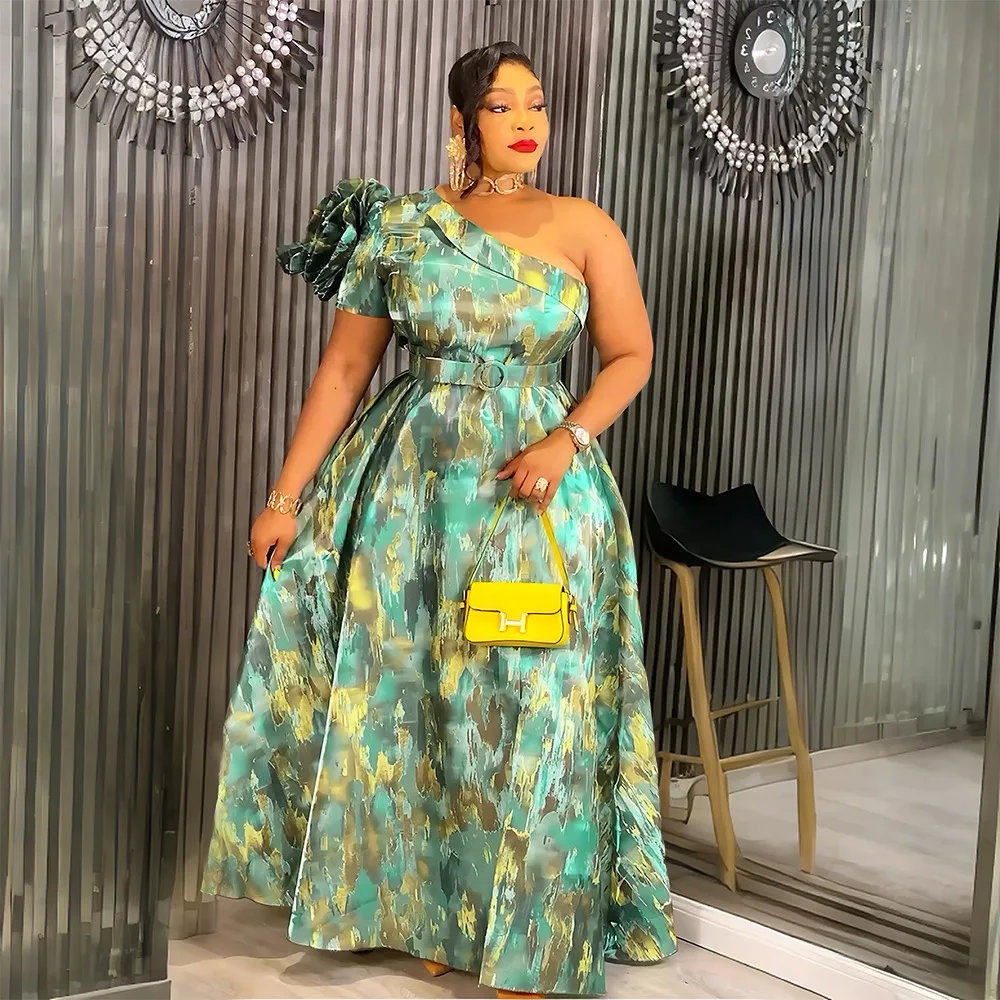 2025년 신상 아프리카 여성 의류, 원숄더 터키 웨딩 파티 롱 드레스, 다시키 안카라 프린트 의상