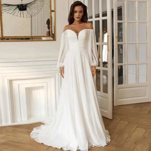 맞춤형 Boho Sweetheart 웨딩 드레스, 비즈 장식이 있는 심플한 아이보리 쉬폰 베스티도 드 노비아 패션 긴 소매 신부 가운