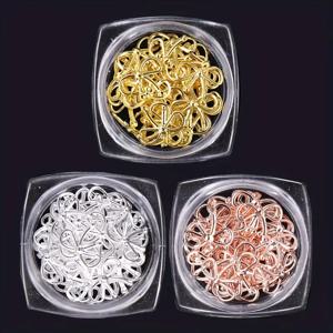 3 병 금속 버드나무 리본 네일 장식 골드 실버 3D Bowknot 디자인 DIY 참 우아한 금속 보석 매니큐어 액세서리