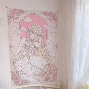 VIKAMA 치유 천사 태피스트리 금발 처녀 x 레이스 흰색 날개 분홍색과 흰색 장미 침실 보육 장식