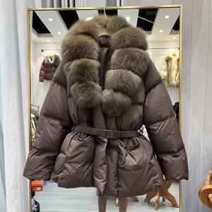 럭스 폭스 퍼 칼라 다운 재킷 여성용 중간 길이 허리 조임 패션 따뜻한 외투 출퇴근 스타일 한국 버전