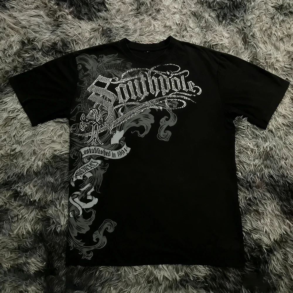 클래식 Y2K 고딕 스타일 티셔츠 프린트 오버사이즈 티셔츠 하이 스트리트 셔츠 고딕 라운드넥 코튼 탑스 신상 남녀 공용 티셔츠