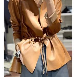 여성용 정품 양가죽 가죽 재킷 짧은 코트 끈 조임 허리 슬림핏 봄과 가을용