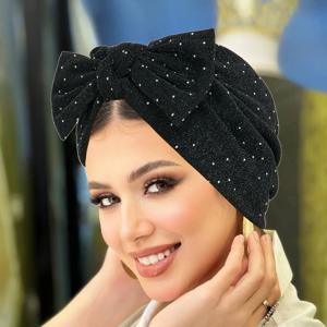 패션 라인스톤 여성 히잡 리본 매듭 무슬림 여성 터번 보닛 부드러운 탄성 헤드 랩 헤드 스카프 인도 모자