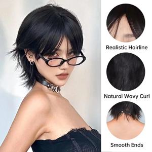 12인치 짧은 연어머리 앞머리 가발, 여성용 짧은 직모 검정색 합성 가발, 파티 및 일상용 엘프컷 짧은 가발