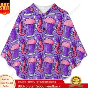 아늑한 플란넬 담요 스웨터, 새우 맥주 머그컵 패턴 포켓이 있는 오버사이즈 후드티 어린이와 청소년용