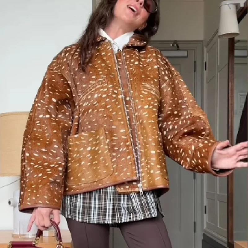 2025년 신상 여성 플립 칼라 물방울 무늬 숏 재킷 여성 빈티지 긴 소매 코트 가을 겨울 캐주얼 스트리트 시크 아우터웨어