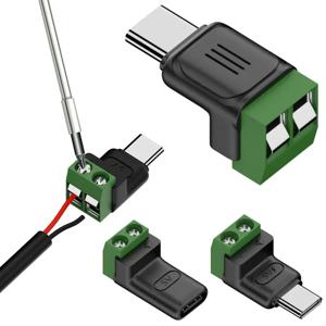납땜 없는 플러그 USB C to 2핀 터미널 어댑터 타입-C to 2핀 스크류 크림프 터미널 블록 그린 5V 충전 커넥터