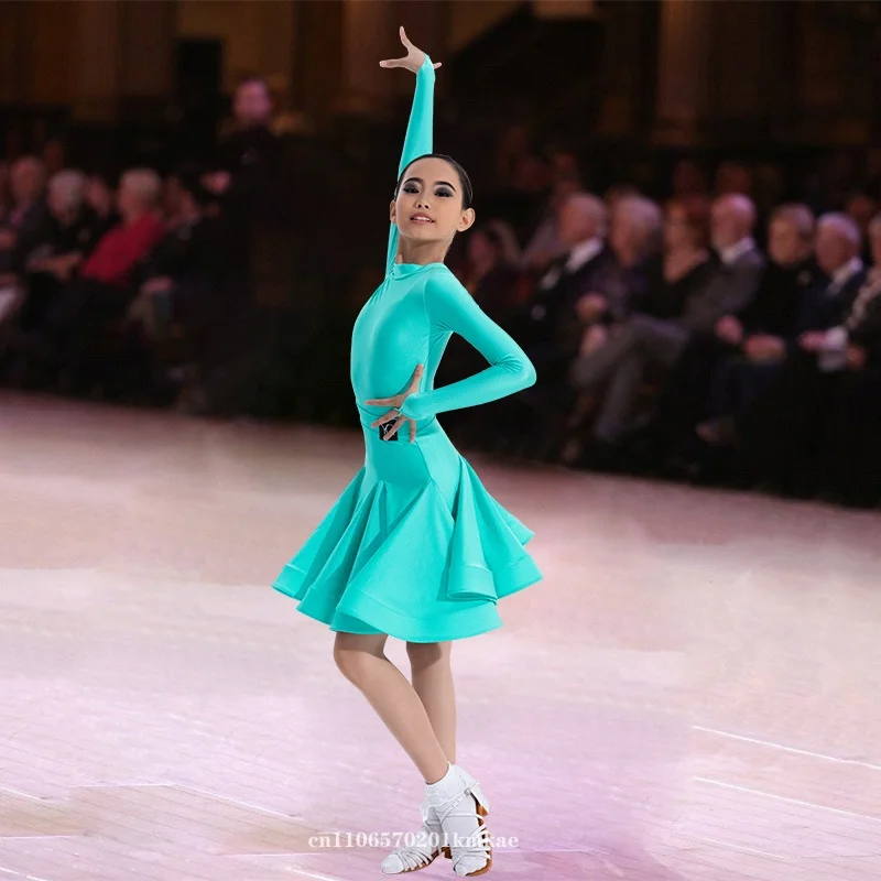 여아 라틴 댄스 대회 의상 광택 있는 원단 긴 소매 댄스 드레스 어린이 차 룸바 댄스 연습복 신상품