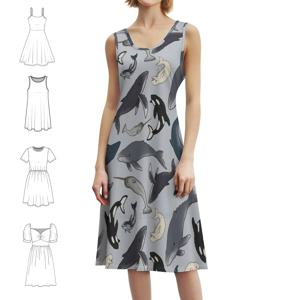 고래 프레피 스타일 미니 드레스 여성용 A라인 루즈핏 캐주얼 데이 드레스 고래 돌고래 험프백 세이 오르카 여성 의류