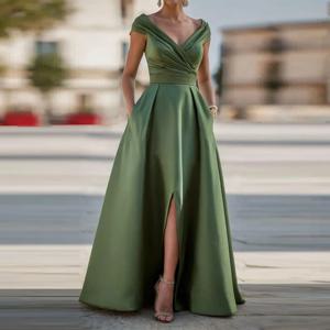 우아한 신부 어머니 드레스, 슬릿 플리츠 A라인 롱 프롬 드레스, 여성 웨딩 파티 심플 V넥 칵테일 가운