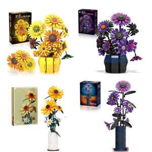 꽃 블록 세트 꽃병 포함 해바라기 장미 난초 보라색 인공 꽃다발 여성 소녀 성인 크리스마스 선물용