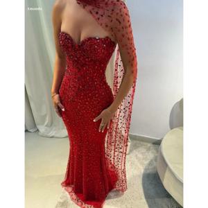 아만다 맞춤형 여성 레드 스트랩리스 프롬 드레스 시퀸 원숄더 케이프 베스티도스 드 노체 머메이드 맥시 포멀 이브닝 2025