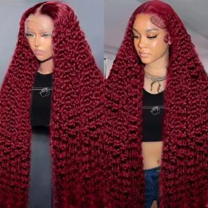 99J 레드 버건디 컬러 딥 웨이브 13x4 레이스 프론트 인모 버마 곱슬머리 200% 밀도 HD 레이스 프론탈 가발 여성용 프리플럭