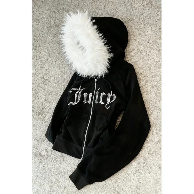 봄 26 번째 하위 문화 Y2K 새로운 모피 칼라 카디건 스포츠웨어 지퍼 재킷 편지 핫 스탬핑 레트로 스포츠웨어 재킷