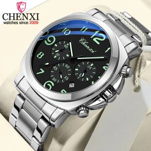 첸시 비즈니스 럭셔리 남성용 쿼츠 시계 방수 스테인리스 스틸 야광 디스플레이 크로노그래프 요일 날짜 손목시계