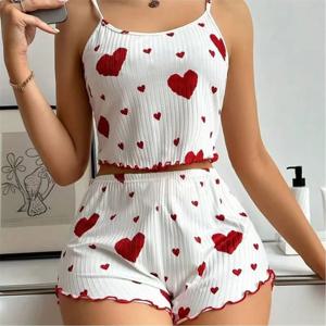 5가지 사이즈 선택 가능 S M L XL 2XL 여성 파자마 세트 스트랩 슬립웨어 베스트 + 반바지 레드 하트 프린트 나이트웨어 섹시 란제리