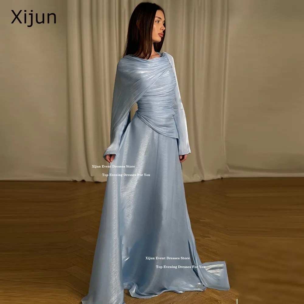 시준 우아한 하늘색 롱 이브닝 드레스 플리츠 A라인 정장 프롬 드레스 케이프 슬리브 럭셔리 두바이 프롬 가운 맞춤 제작