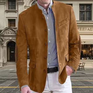 빈티지 남성 스웨이드 블레이저 팔꿈치 패치 슬림핏 만다린 칼라 텍스처드 원단 재킷 비즈니스 캐주얼 웨딩 파티 코트