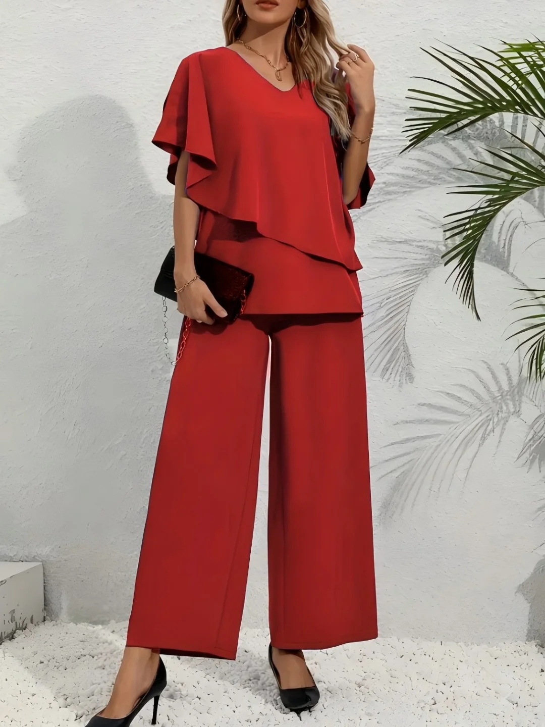 플러스 사이즈 여성용 멀티 컬러 러플 소매 V넥 탑 + 와이드 레그 팬츠 투피스 세트 - 우아한 캐주얼 파티 스타일 (0XL-4XL)