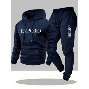 2025 남성용 올리브 그린 캐주얼 카고 스웨트셔츠 조거 세트 EMPORIO 프린트 드로스트링 후드 풀오버 탑 멀티 포켓